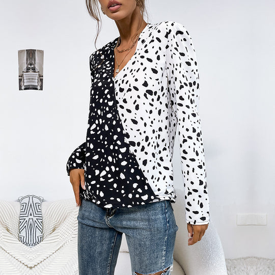 Damen Leichte Langarm-Bluse mit diagonaler Zweifarben-Optik und Tupfenmuster Shop Nory