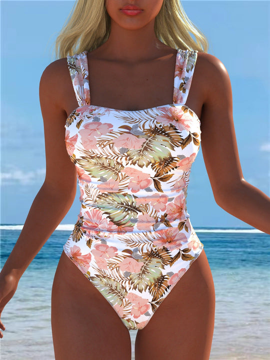 Damen einteiliger Badeanzug mit floraler und tierischer Musterkombination Shopnory