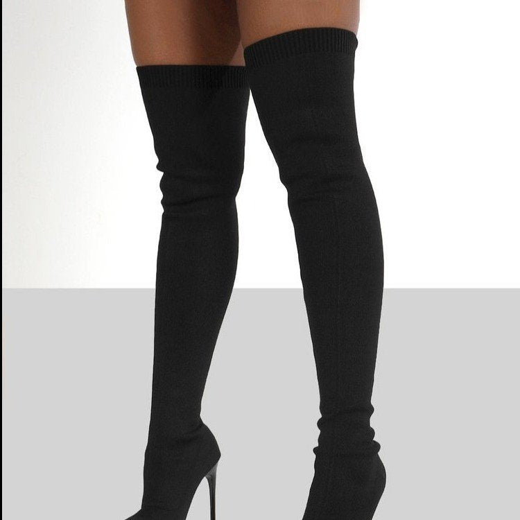 Damen Overknee Stiefel mit elegantem spitzem Absatz und modischem Strickdesign