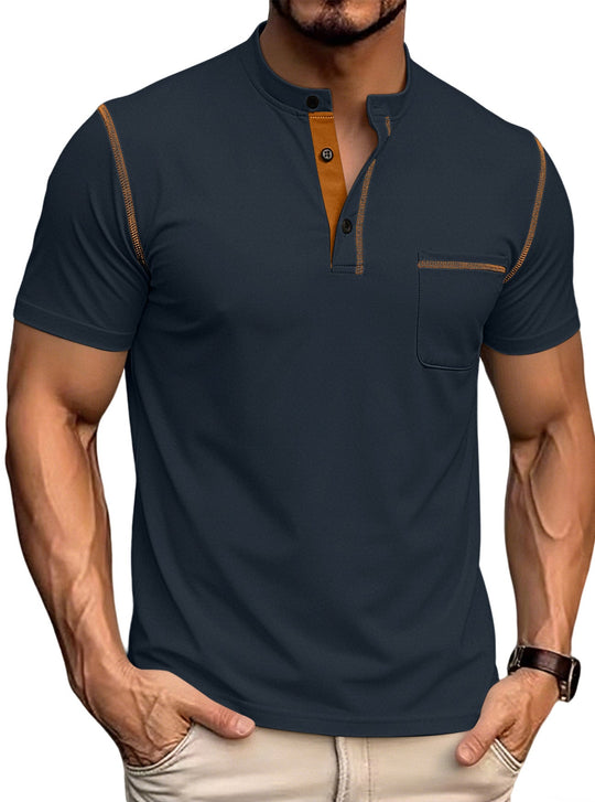 Herren nan kurzärmeliges Henley-Shirt mit Stehkragen, Brusttasche und kontrastierenden Ziernähten