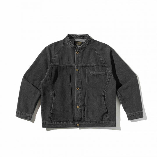 Unisex Boxige Denim‑Hemdjacke im Worker‑Look mit Stehkragen, Raglanärmeln und Brust‑Welttasche Shop Nory