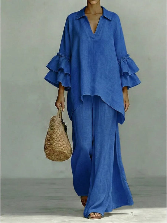 Damen Leinen-Loungewear-Set mit Volantärmeln und weitem Palazzo-Hose Shop Nory