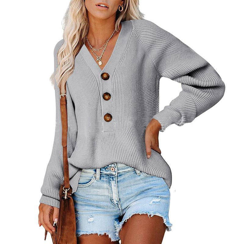 Damen Gerippter Strickpullover mit V‑Ausschnitt, Zierknopfleiste und Ballonärmeln Shop Nory