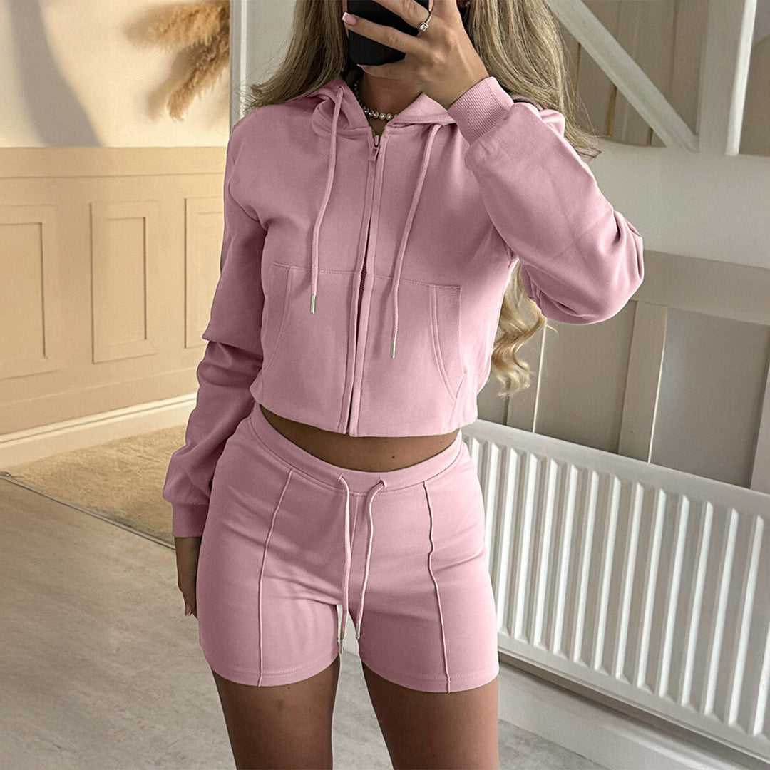 Damen nan lässiges Sweatshirt- und Short-Set mit dekorativen Schleifen-Applikationen, hohem Rundhalsausschnitt und Tunnelzugbund Shop Nory