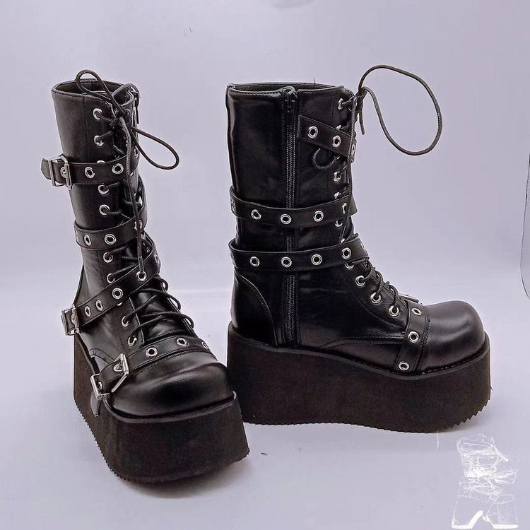 Damen nan hochschaftige Gothic Plateau-Boots mit mehrfachen Metallschnallen, Ösen und seitlichem Reißverschluss Shop Nory