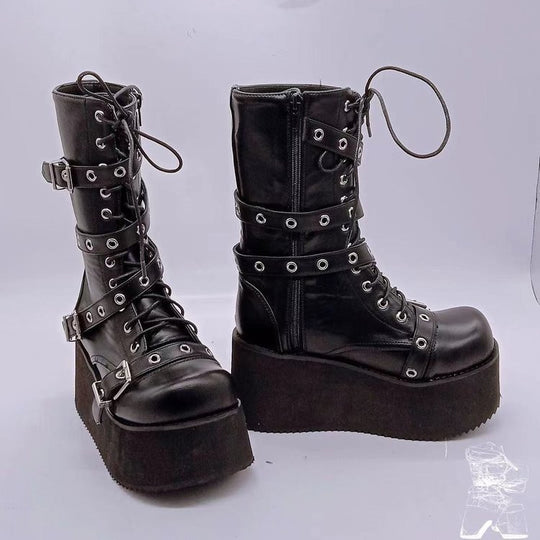 Damen nan hochschaftige Gothic Plateau-Boots mit mehrfachen Metallschnallen, Ösen und seitlichem Reißverschluss Shop Nory