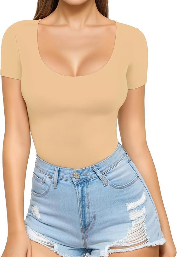 Damen figurbetontes Kurzarm-Body mit rundem Ausschnitt und nahtlosem Design
