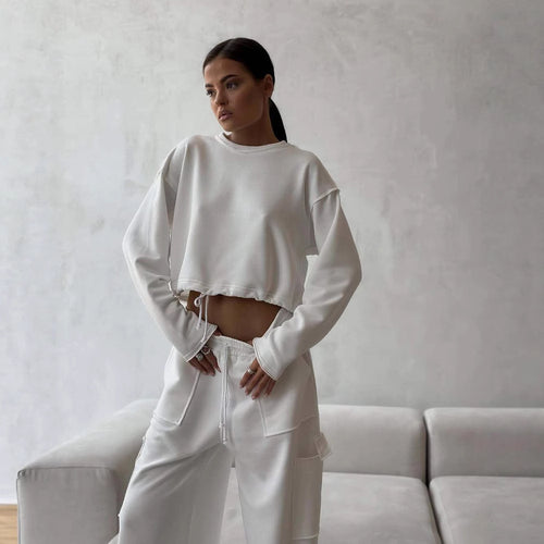 Damen Kurzes Tunnelzug-Sweatshirt mit geripptem Saum und lässiger High‑Waist‑Jogginghose Shop Nory