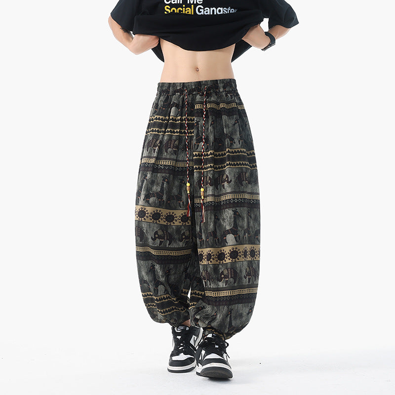Damen lässige Pluderhose im Ethno-Print mit elastischem Bund, Kordelzug und gesmokten Bündchen Shop Nory