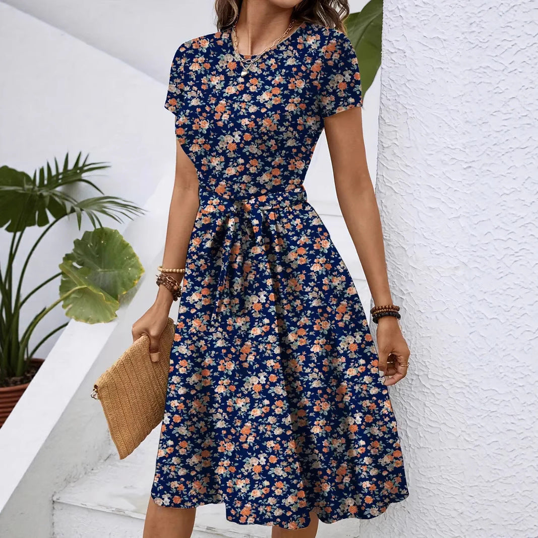 Damen Elegantes Midikleid mit floralem Design und Taillengürtel Shopnory