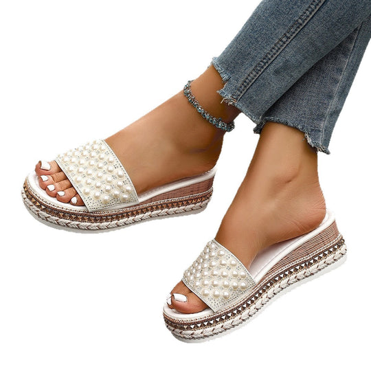 Damen Elegante Wedge-Pantoletten mit Perlenverzierungen und rutschfester Sohle