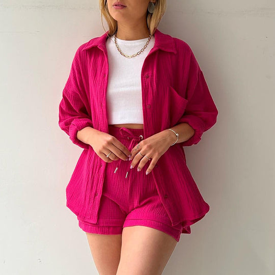 Damen nan lässiges oversized Hemd und Shorts Set mit Brusttasche Kordelbund und gerauter Baumwollstruktur Shop Nory