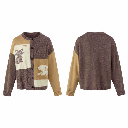 Damen Strickcardigan im Patchwork‑Look mit Zopfmuster und Rundhalsausschnitt Shop Nory