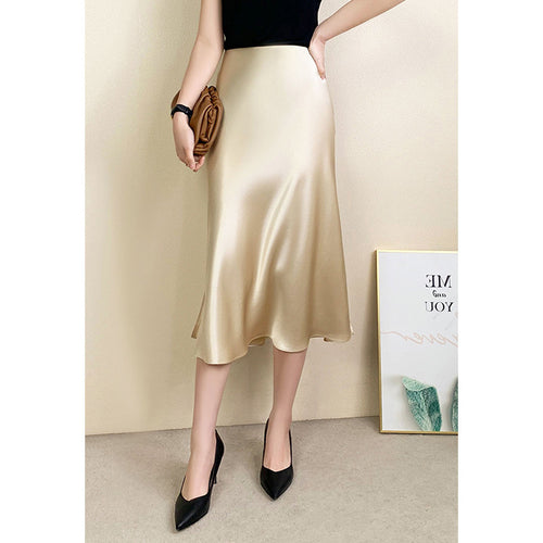 Damen Luxuriöser Satin Midirock mit hohem Schlitz Shop Nory