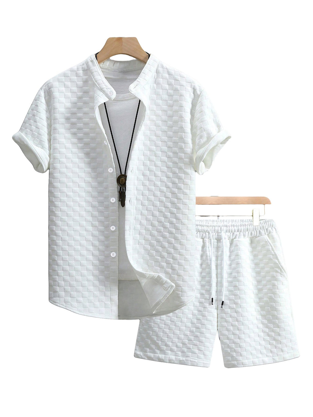 Herren nan zweiteiliges Sommerensemble mit Stehkragen-Hemdjacke und elastischen Komfort-Shorts in geprägter Karo-Textur