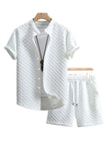Herren nan zweiteiliges Sommerensemble mit Stehkragen-Hemdjacke und elastischen Komfort-Shorts in geprägter Karo-Textur