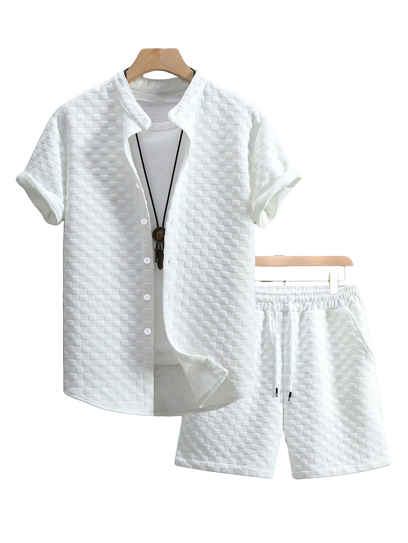 Herren nan zweiteiliges Sommerensemble mit Stehkragen-Hemdjacke und elastischen Komfort-Shorts in geprägter Karo-Textur