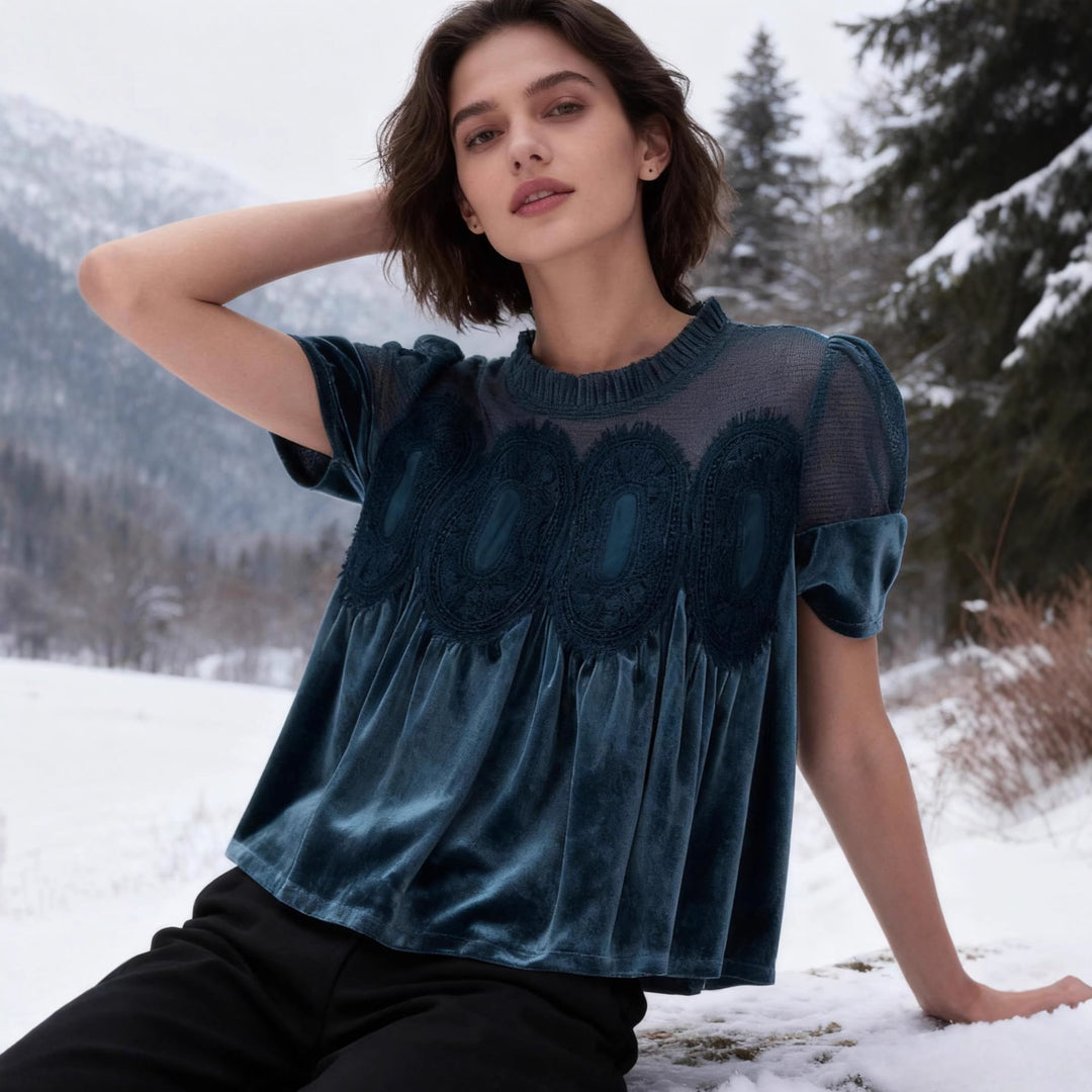 Damen Samtbluse mit Spitzenbesatz, transparentem Einsatz und geraffter A-Linie Shop Nory