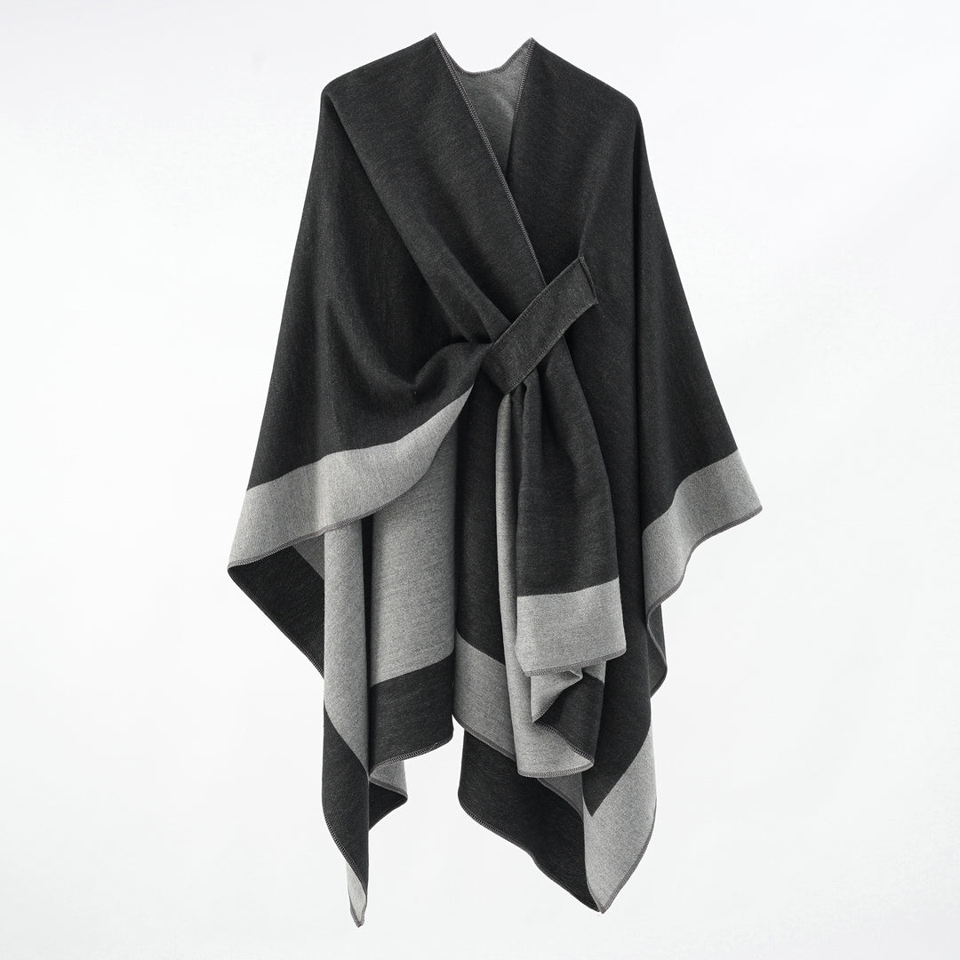 Damen Weicher Strickponcho mit Gürtel und Kontrastkante Shop Nory