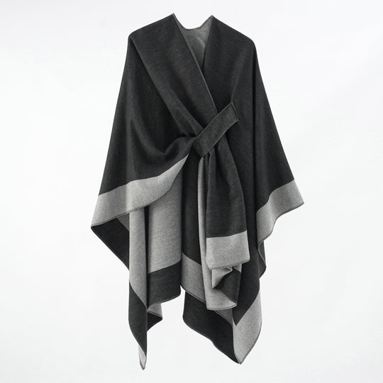 Damen Weicher Strickponcho mit Gürtel und Kontrastkante Shop Nory
