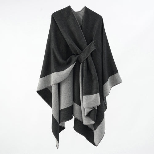 Damen Weicher Strickponcho mit Gürtel und Kontrastkante Shop Nory