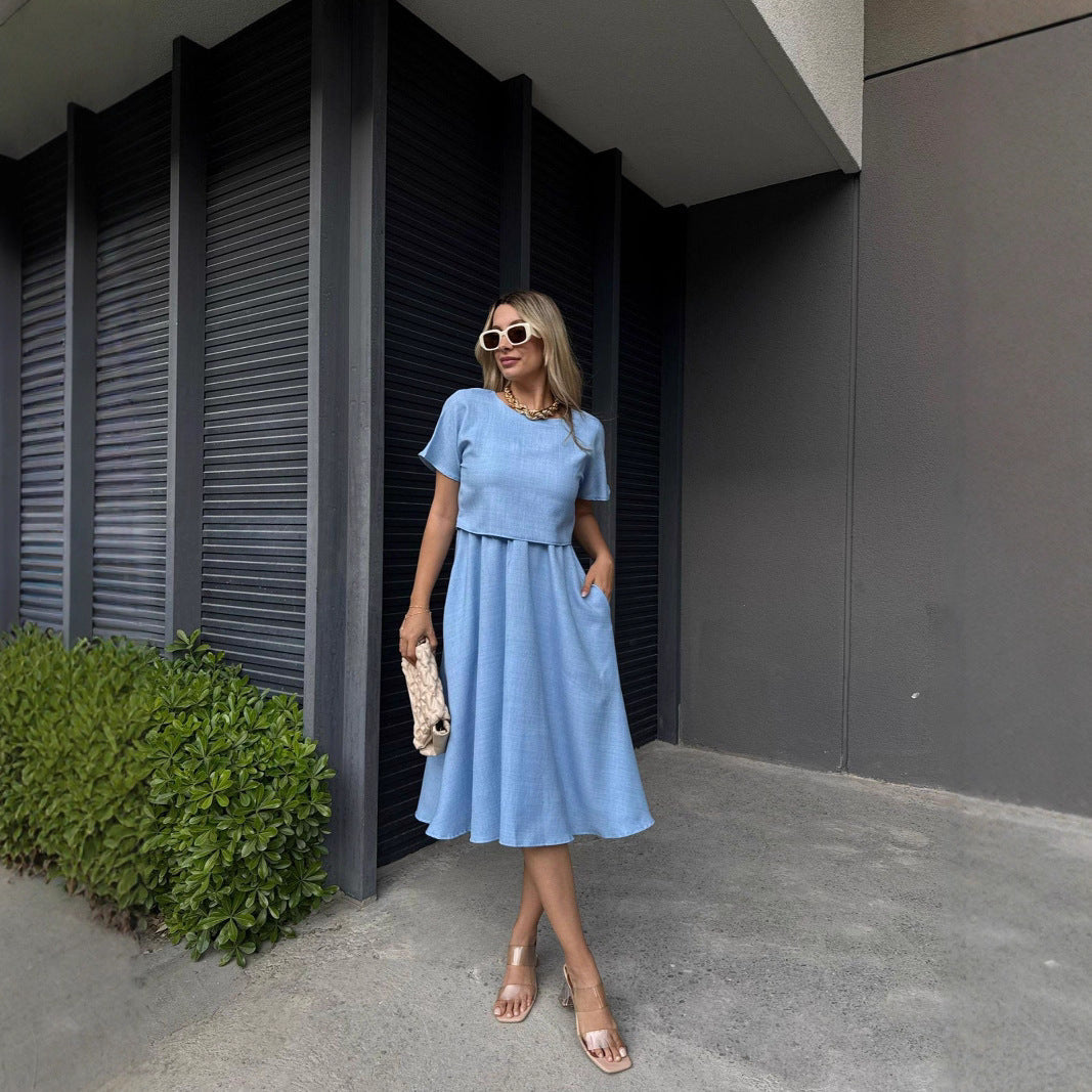 Damen Midi-Kleid mit weitem Schnitt und praktischen Taschen Shopnory