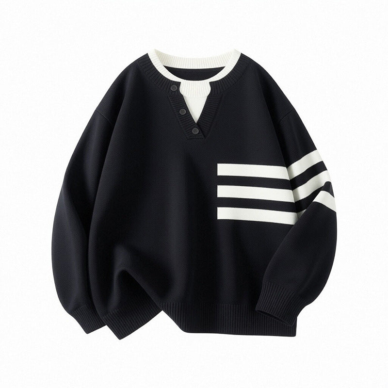 Damen Sportlicher Oversize Pullover mit Knopfleiste und Streifen Shop Nory