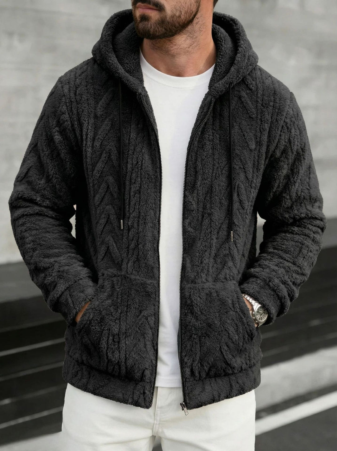 Herren kuschelige Kapuzenjacke aus Teddyfleece mit durchgehendem Reißverschluss und Kängurutaschen Shop Nory