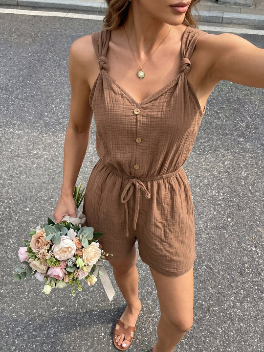 Damen lässiger Jumpsuit mit knöpfbarem V-Ausschnitt und elastischem Bund