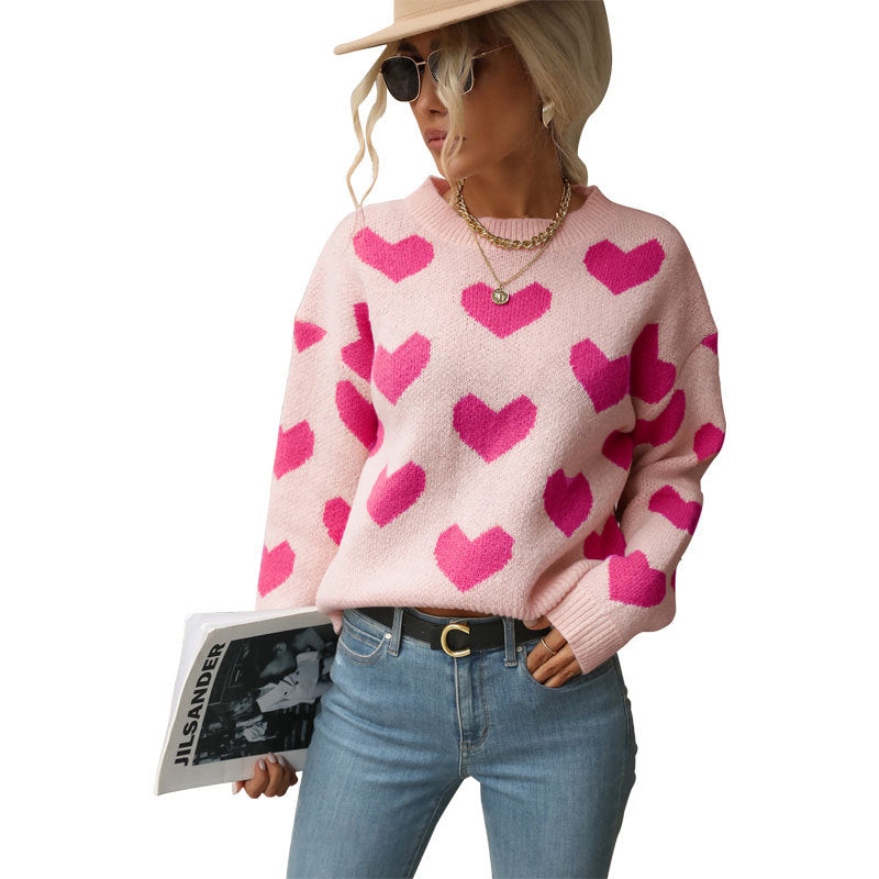 Damen Gemusterter Strickpullover mit Herzmotiven Shop Nory