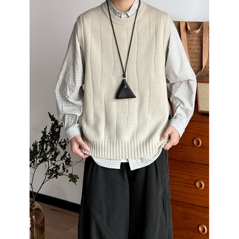 Herren Oversized Ärmellose Strickweste mit geripptem Saum und Rundhalsausschnitt Shop Nory