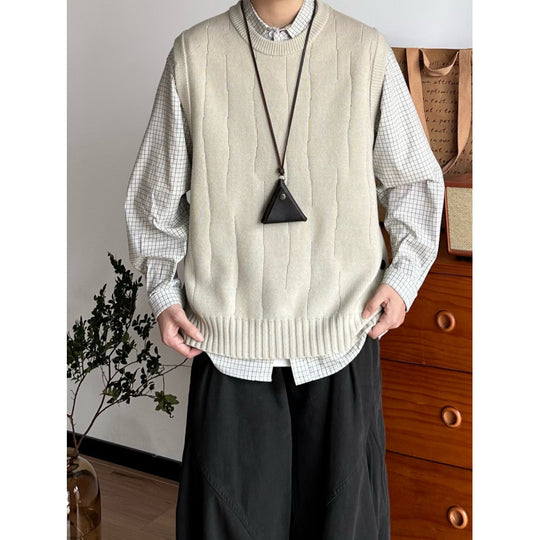 Herren Oversized Ärmellose Strickweste mit geripptem Saum und Rundhalsausschnitt Shop Nory
