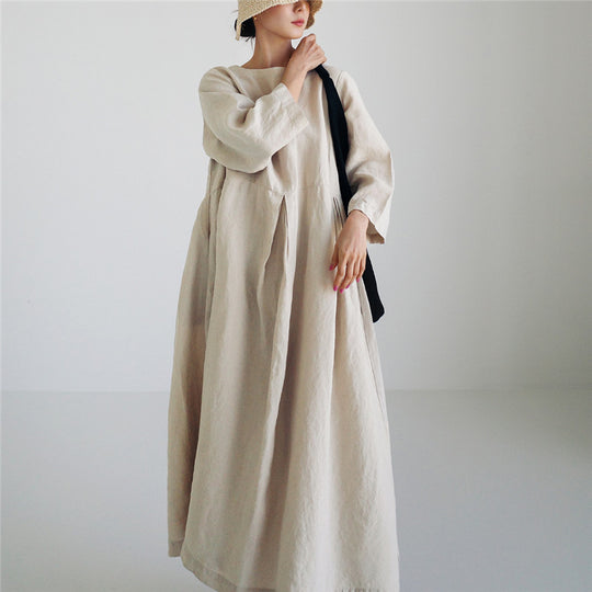 Damen Maxi-Kleid aus Leinen mit Teilnaht, sanften Faltenfall und Langarm Shop Nory