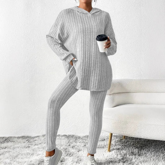 Damen Gerippter Lounge-Set aus Strick mit Oversize-Kapuzenpullover und High-Waist-Leggings Shop Nory