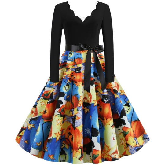 Damen Retro Swingkleid mit gewelltem Ausschnitt, langen Ärmeln und Halloween-Print Tellerrock Shop Nory
