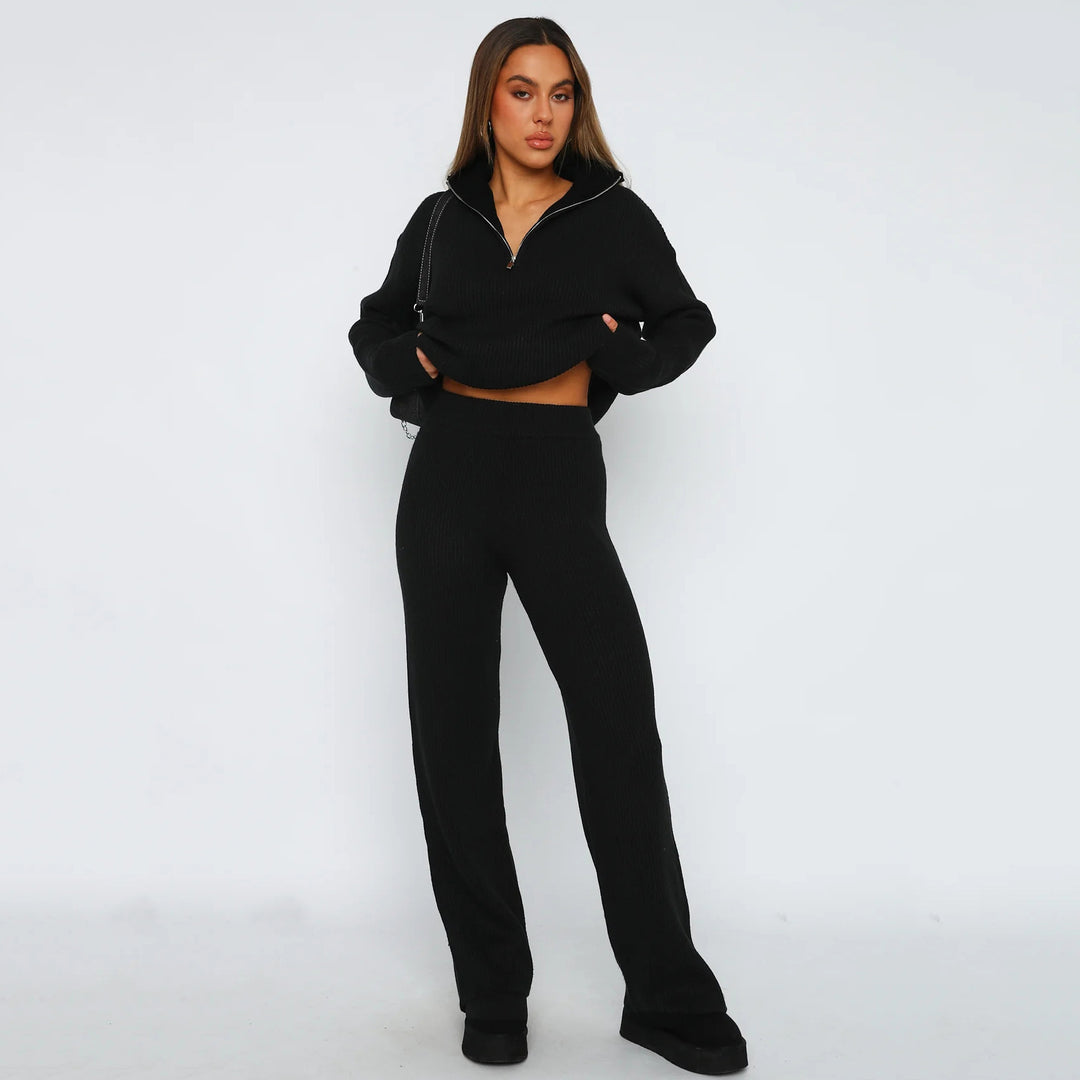 Damen Geripptes Strick-Lounge-Set mit halbem Reißverschluss und weiter Palazzohose Shop Nory