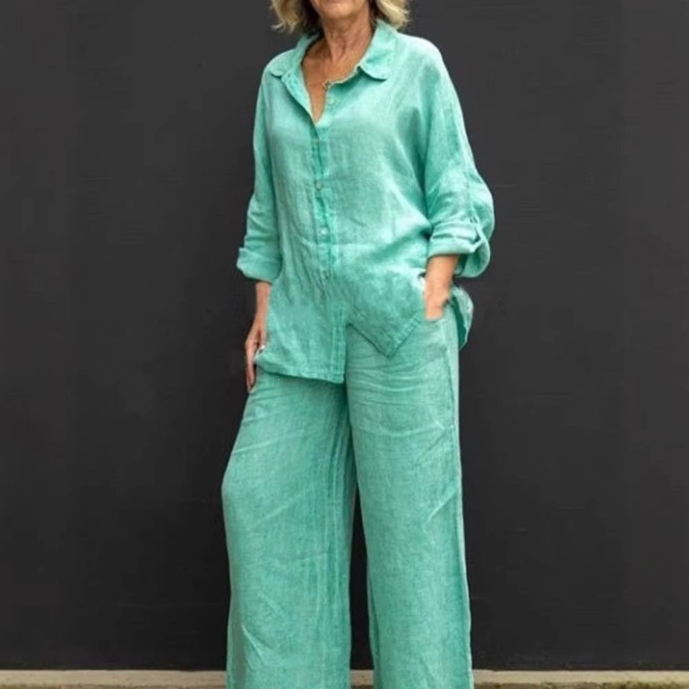 Damen Leichtes Leinen-Loungewear-Set mit Oversized-Hemd und weiter Palazzo-Hose Shop Nory