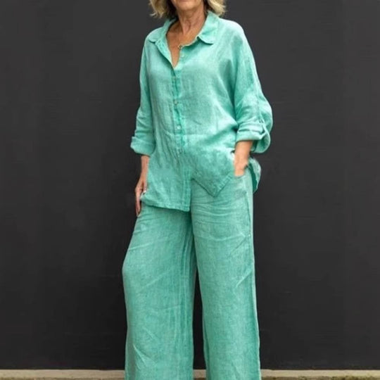 Damen Leichtes Leinen-Loungewear-Set mit Oversized-Hemd und weiter Palazzo-Hose Shop Nory