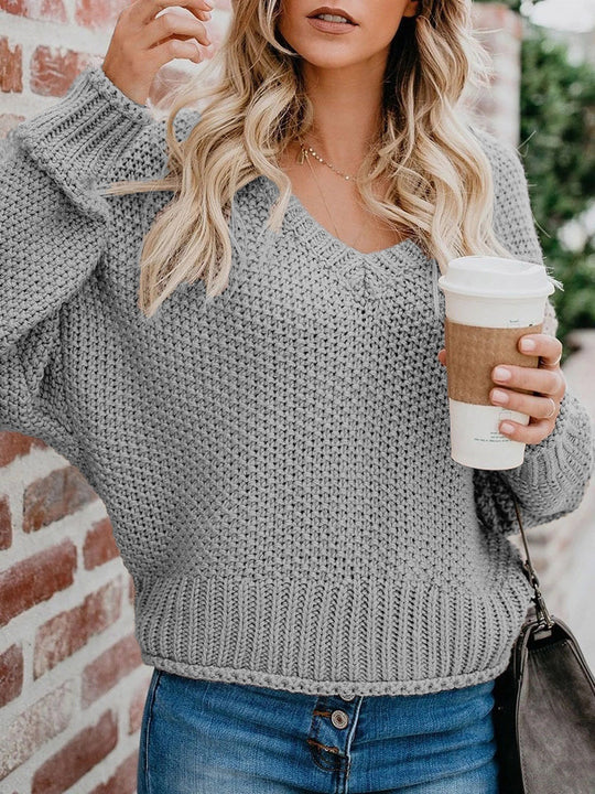 Damen Oversize Grobstrickpullover mit V-Ausschnitt und Rippsaum Shop Nory