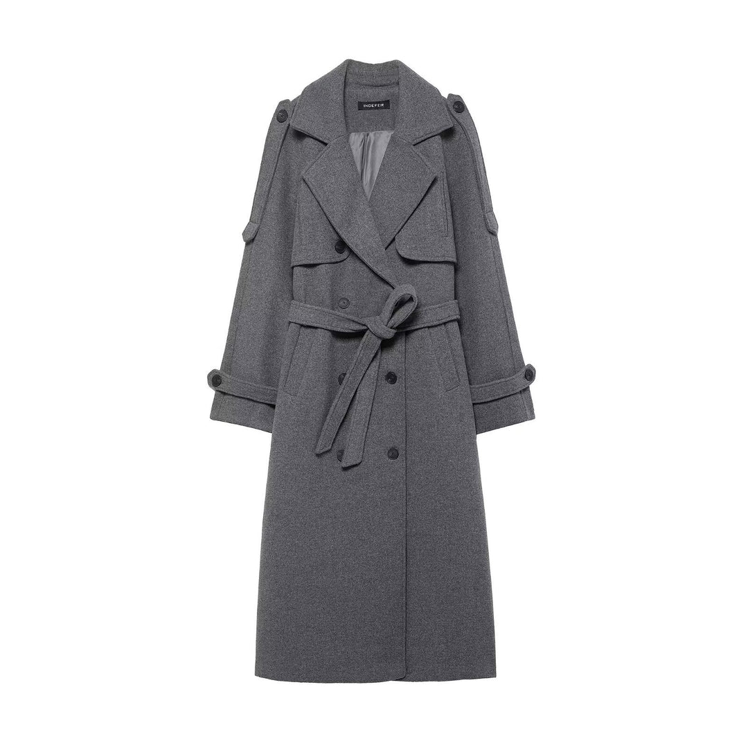 Damen Langer doppeltreihiger Wollmantel mit Taillengürtel und Schulterklappen Shop Nory