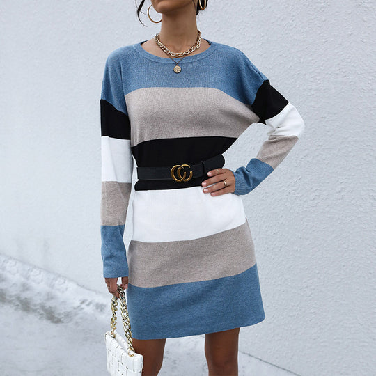 Damen Feinstrick-Minikleid mit Colorblock-Streifen, taillierter Silhouette und Rundhalsausschnitt Shop Nory