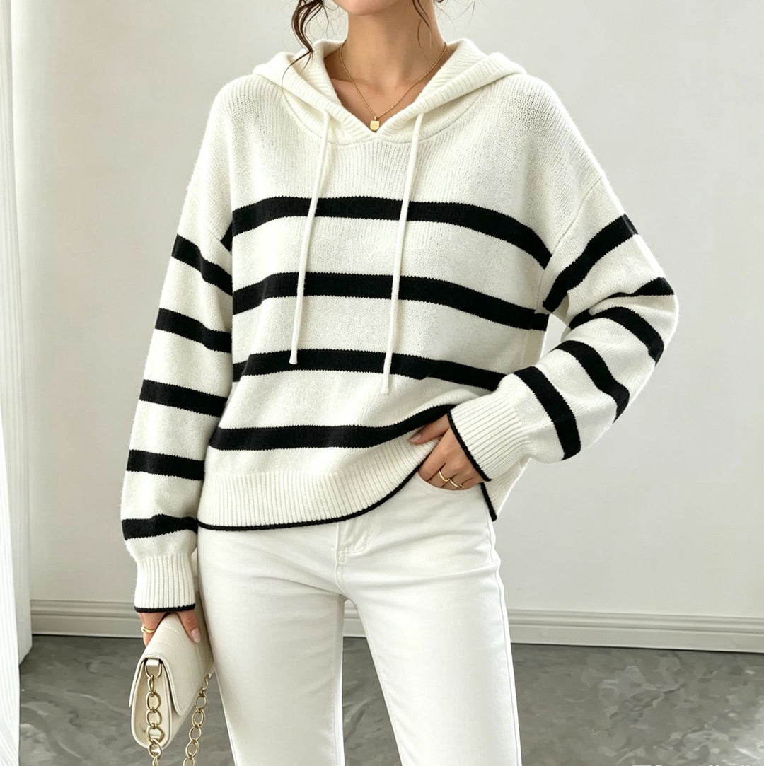 Damen Kapuzen-Strickpullover im Maritim-Look mit geripptem Saum und relaxed Fit Shop Nory