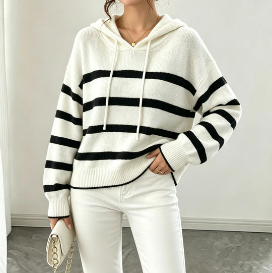 Damen Kapuzen-Strickpullover im Maritim-Look mit geripptem Saum und relaxed Fit Shop Nory