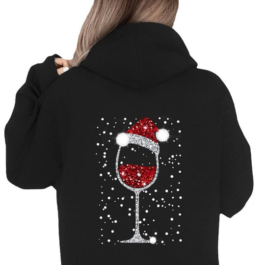 Damen Oversize Kapuzenpullover mit weihnachtlichem Glitzer-Weinglas-Print Shop Nory
