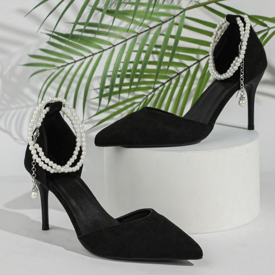 Damen Elegante spitz zulaufende Pumps mit Perlen-Knöchelriemen und schmalem Stiletto Shop Nory