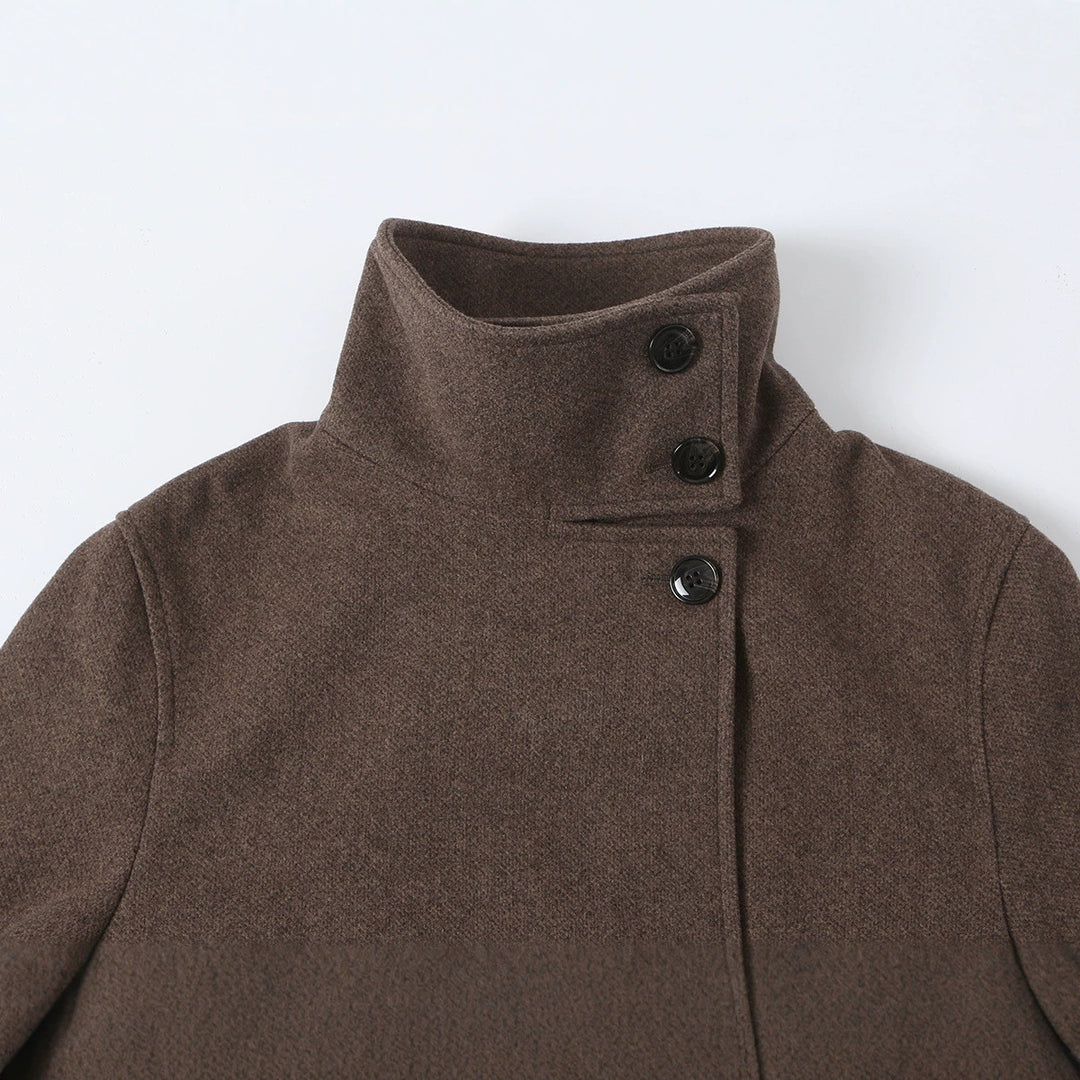 Damen Wollmantel mit Stehkragen, Bindegürtel und asymmetrischer Knopfleiste Shop Nory