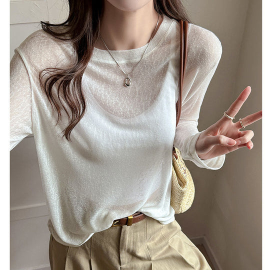 Damen Longsleeve Shirt Aus Leicht Transparentem Material mit Elegantem Fall