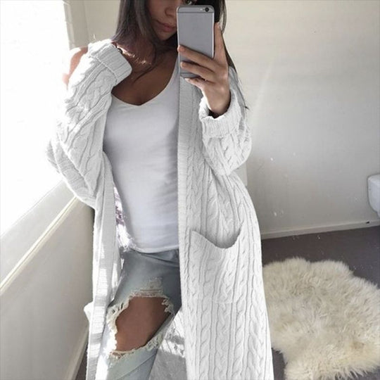Damen Langer Oversize Zopfmuster-Strickcardigan mit Eingrifftaschen Shop Nory