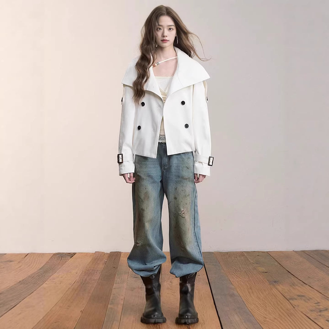 Damen Oversized Doppelreihige Trench-Bomberjacke mit hohem Stehkragen Shop Nory