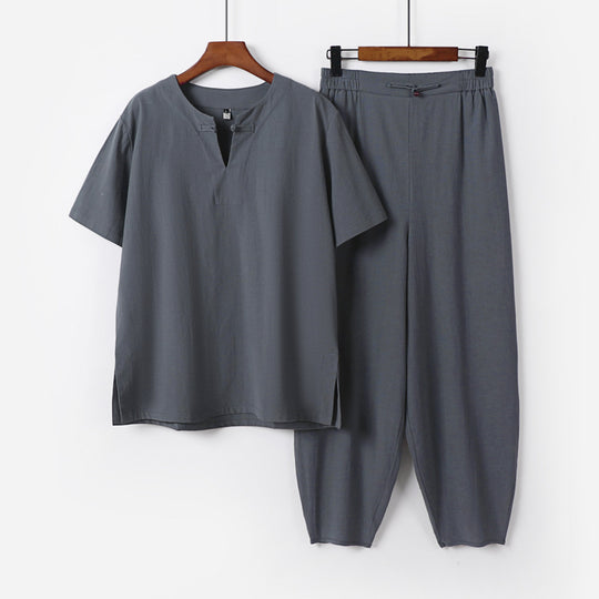 Herren Zweiteiliges Set mit Kurzarm-Stehkragenhemd und elastischer Haremshose Shop Nory